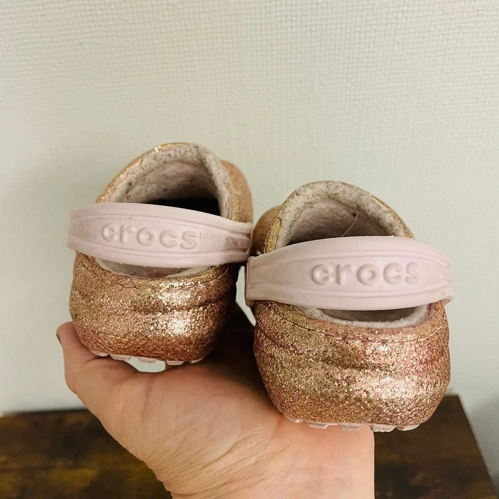 Crocs Classic Lined Clogs Rose Gold Glitter Sparkly Kids Size C7 Glittercore